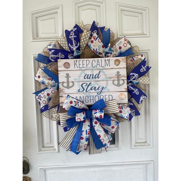 Nautical Wreath, “Keep Calm & Stay Anchored” Coastal Beach House Decor, Handmade - Picture 7 of 8